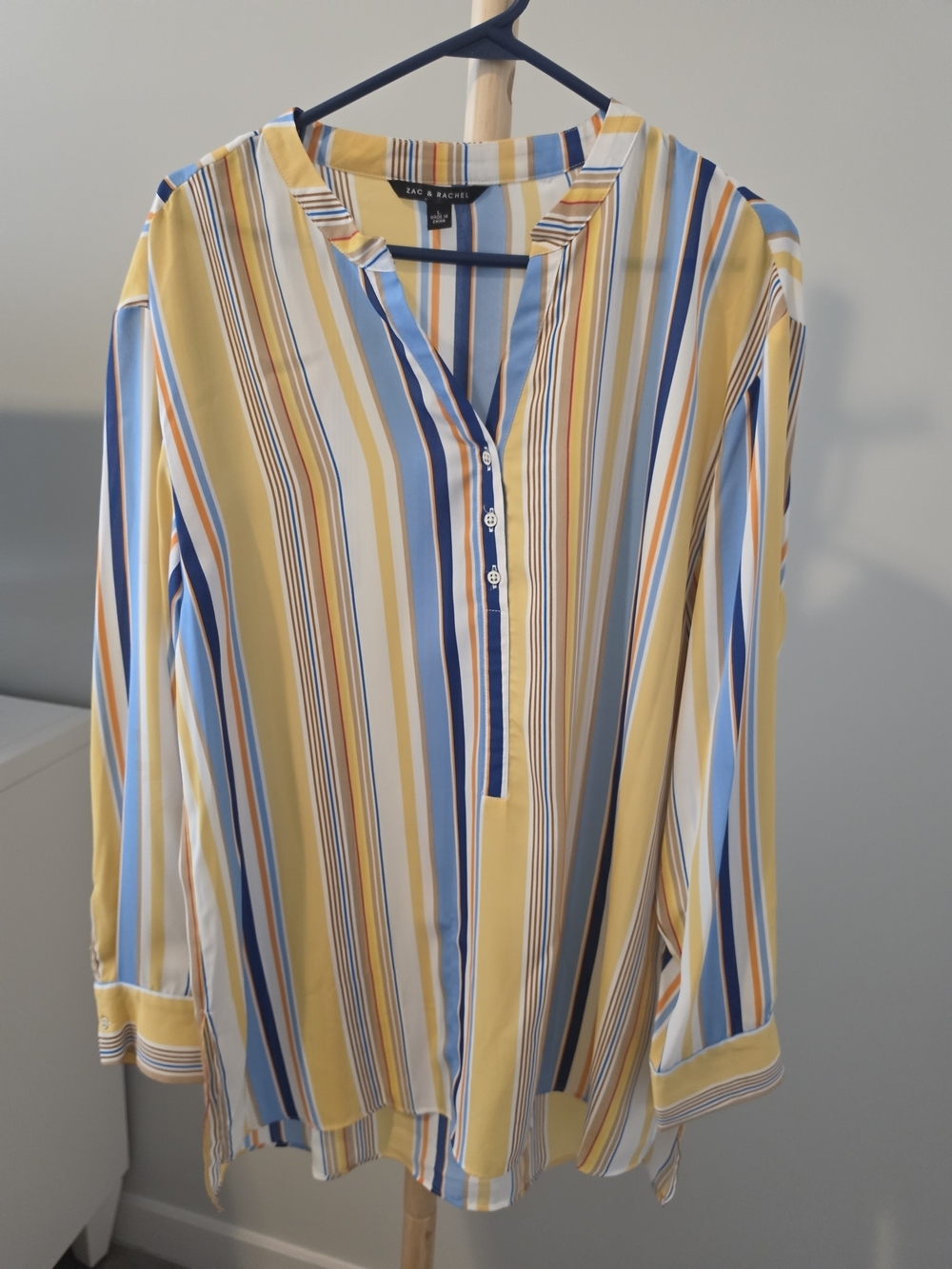 Zac & Rachel Yellow, Blue & White Striped V-Neck Button Blouse